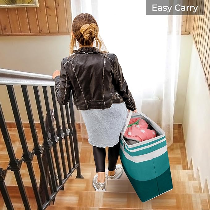 HomeHacks 2 Pack Large Laundry Baskets, Laundry Hampers Bags (Green 88Lx2) | Waterproof, Freestanding, Collapsible Clothes Hamper with Reinforced Handles in Laundry Room, Dorm, Bathroom, Bedroom