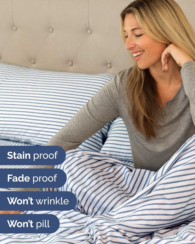 Extra Deep Flex Top Split Head King Sheet Set - 6 Piece Breathable and Cooling Sheets - Hotel Luxury Bedding for Women, Men, Kids & Teens - Easy Secure Fit - Extra Deep Pockets - Blue Stripes 2