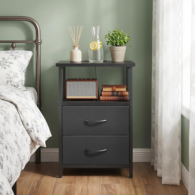 Fixwal Night Stand with Charging Station, 2 Fabric Drawers, Black | built-in bedside charger, 2 AC outlets & 2 usb ports, 2 wooden shelves, end table with storage, bedroom, living room