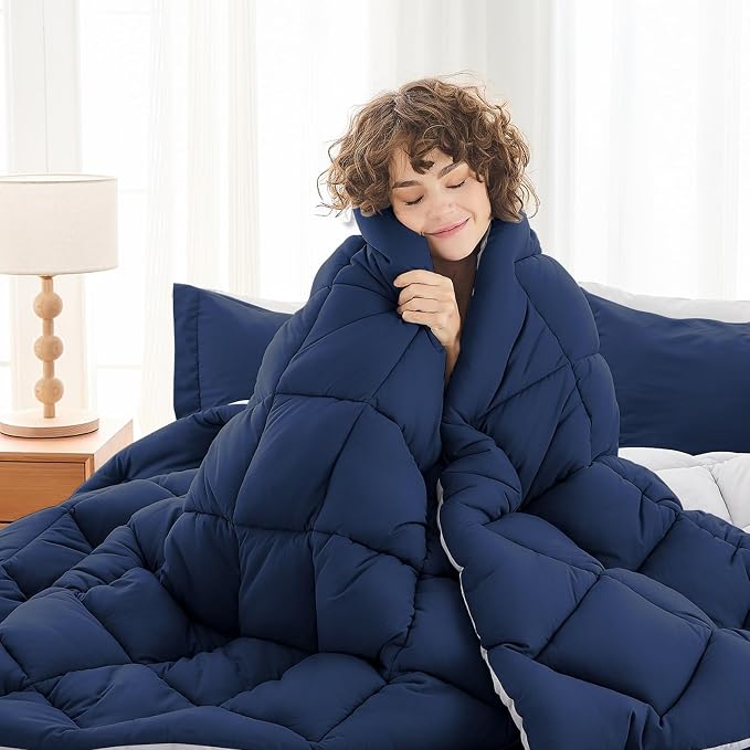 7 Pieces Oversized King Comforter Set, Reversible Bed in a Bag Oversized King Size, All Season Bedding Set with Comforter, Flat Sheet, Fitted Sheet, Pillowcases & Shams, Navy & Light Grey