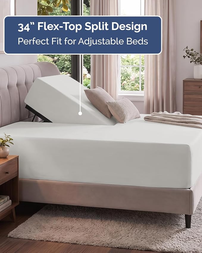Extra Deep Flex Top Split Head King Fitted Sheet - Hotel Luxury Single Fitted Sheet Only - Easily Fits 18 inch to 24 inch Mattress - Ultra Soft, Wrinkle Free w/Extra Deep Pockets - French Grey