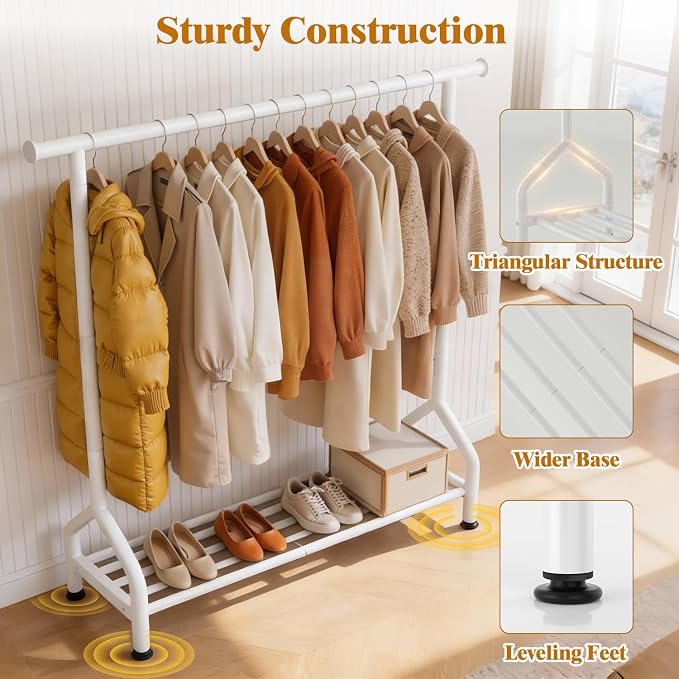 Sturdy Clothing Racks with Shelf, Metal Clothes Rack with Leveling Feet for Hanging Clothes, Freestanding Garment Coat Rack for Bedroom, Apartment & Small Spaces, White