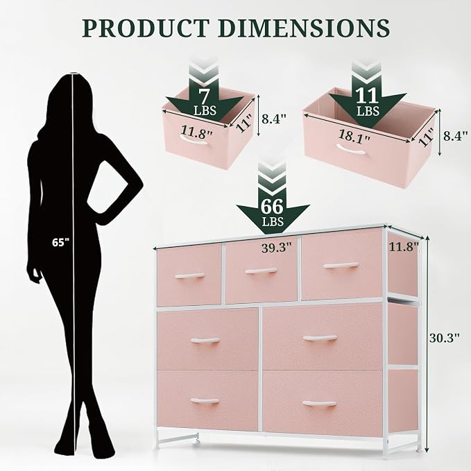 7-Drawer Dresser for Bedroom, Anti-Tip Wide Storage Organizer Fabric | Chest of Drawers TV Stand for 45" TV with Wooden Top and Metal Frame for Closet, Living Room, Hallway, Entryway, Pink