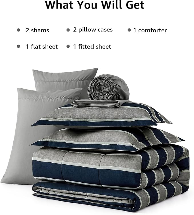 Monbix Queen Comforter Set-7 Pieces Striped Bed in a Bag Queen Bedding Sets | All Season Grey Reversible Soft Comforter Bed Set with Sheets, Pillowcases & Shams
