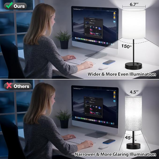 White Black Touch Lamps for Bedroom Set of 2, Dimmable, USB C+A, AC Outlet | Large 17.6" Tall Lamp, 3-Way Dimming, 5000K Daylight Bulbs, White Lampshade Black Base, for Living Room, Boys, Men, Girls