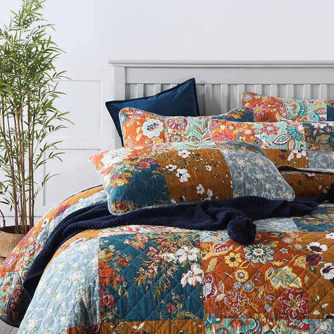 VISIMISI Cotton Bedspread Quilt Sets Reversible Bedding Coverlet Sets 3 Pieces Paisley Vintage Floral Yellow Blue Patchwork Bedspread, Queen Size