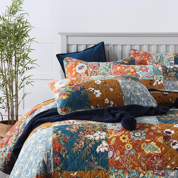 VISIMISI Cotton Bedspread Quilt Sets Reversible Bedding Coverlet Sets 3 Pieces Paisley Vintage Floral Yellow Blue Patchwork Bedspread, King Size