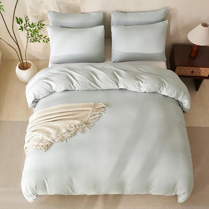 Queen Size Comforter Set Polka Dot Luxury Washed Microfiber Jacquard 3 Pieces Bedding, Sage Green Polka Dot Vertical Ticking Stripes Pattern Comforter with 2 Pillowcases Soft Breathable Durable Comfy