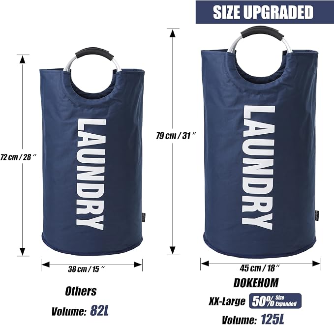 DOKEHOM 125L X-Large Laundry Basket Bag, Collapsible Tall Hamper, Dark Blue | Freestanding tall washing bin & foldable laundry bag. Extra large clothes storage basket with durable sturdy handles