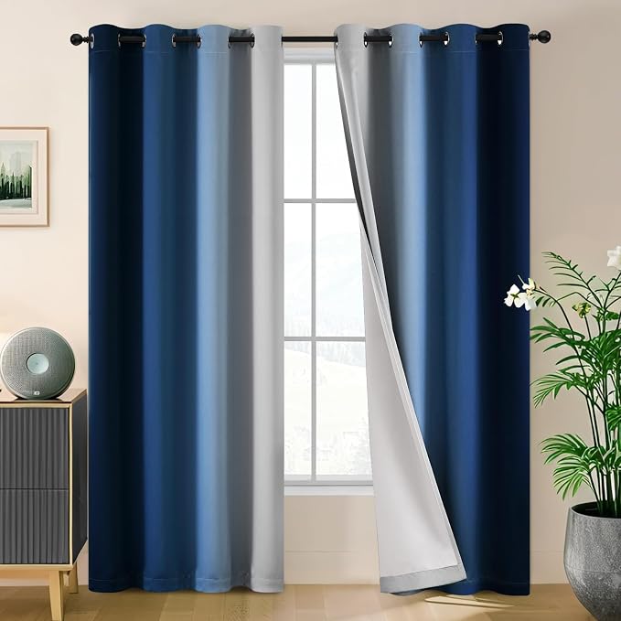 SimpleHome Ombre Blue 100% Blackout Bedroom Curtains with White Liner 84L | 84 Inches Long,Room Darkening Thermal Insulated Grommet Curtain for Living Room,Window Gradient Drapes,2 Panels Set,52Wx84L