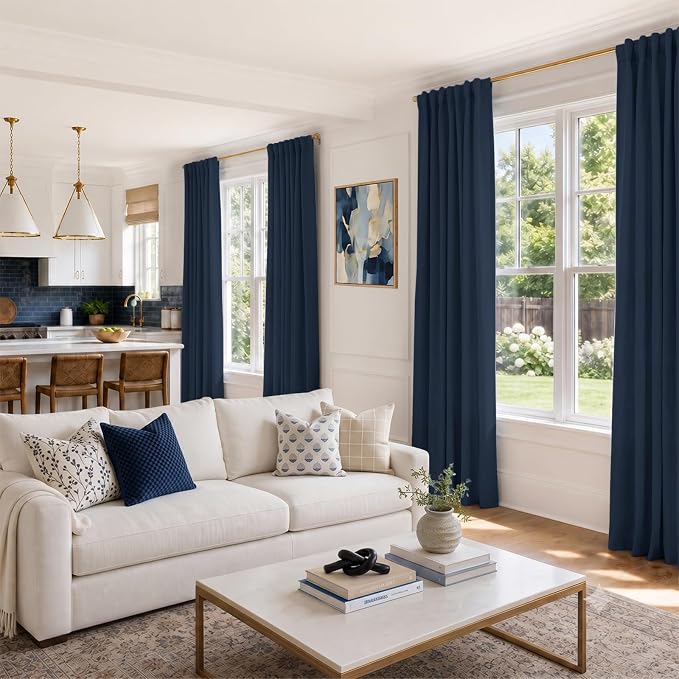INOVADAY 100% Blackout Linen Curtains for Bedroom 50x72 Midnight Blue | Linen Textured, Light Blocking, Room Darkening, Thermal Insulated, Back Tab Top, Window Curtains for Living Room, 2 Panels