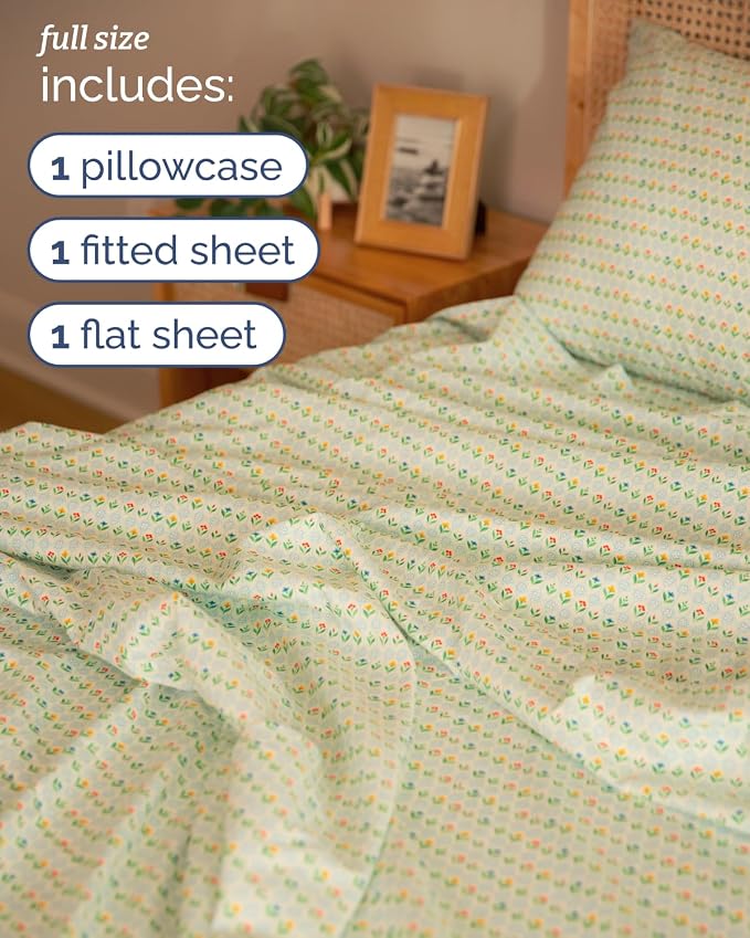 Full 4 Piece Floral Sheet Set - Soft, Breathable & Cooling - Tile Garden | 1 Flat, 1 Fitted & 2 Pillowcases w/ Deep Pockets, Boho Botanical Floral Bedding, Breathable & Cooling, Wrinkle & Fade Free