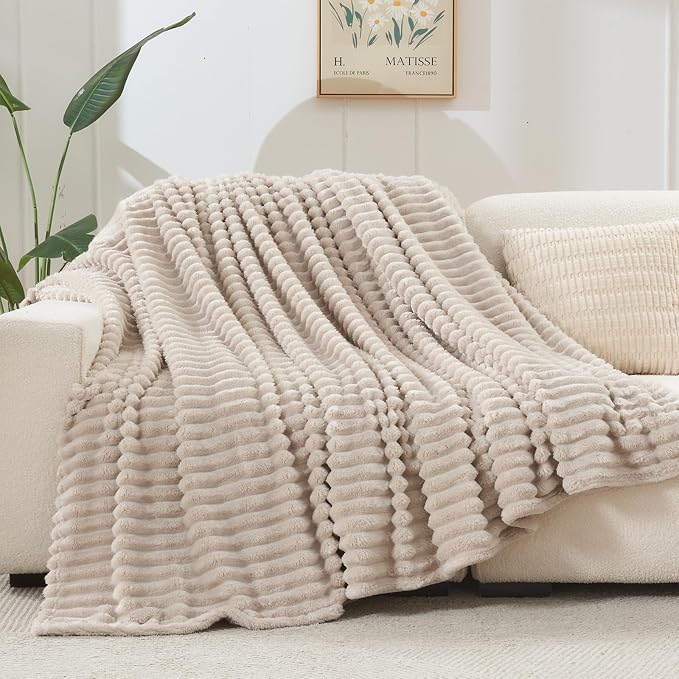 NEWCOSPLAY Fleece Ribbed Cozy Queen Blanket for Couch, Linen, 90"x90" | Premium Silky Flannel Blanket, Soft Lightweight Fluffy Throw Blanket for Bed Sofa Decor, Gift for All Season Use