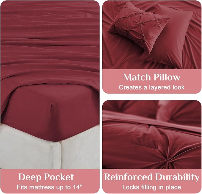 JOLLYVOGUE King Size Comforter Set 7 Pieces - Bed in a Bag King for All Season, Pintuck Bedding Comforter Sets with Comforter, Flat Sheet, Fitted Sheet and Pillowcases & Shams, Burgundy