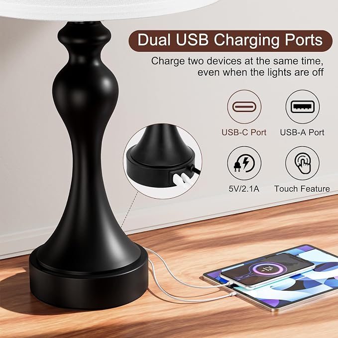Touch Lamps for Nightstand, 3 Way Dimmable Bedside Lamps with USB C+A Ports | Touch Control, LED Bulb Included, Small Black Table Lamp for Bedroom, Night Stands, End Table, Gift，Corded，White Shade