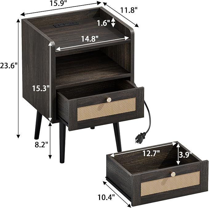 MECHYIN Night Stand Set 2, Nightstands Set of 2 with Charging Station, Rattan Side Tables with Solid Wood Legs, Boho Bedside End Table for Apartment Bedroom Dorm Small Space