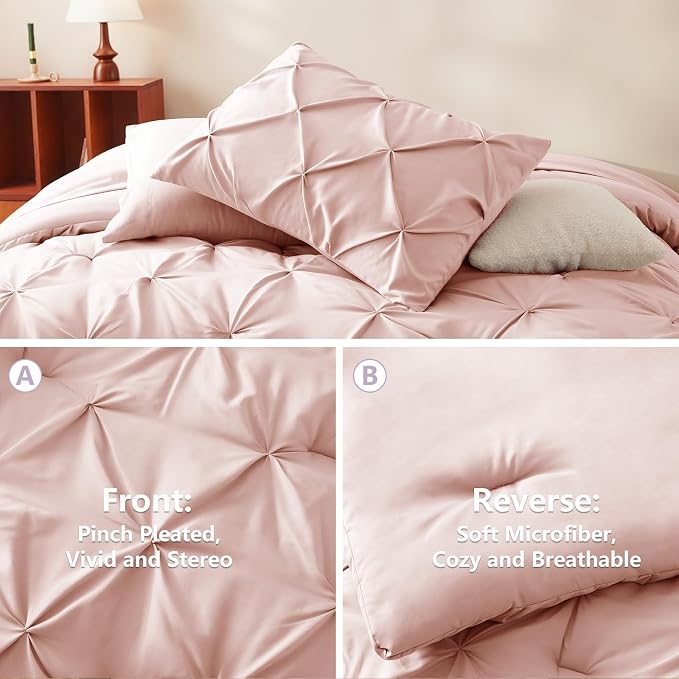 HIMEET Queen Comforter Set Peach Pink - 7 Pieces Pintuck Bed in a Bag | OEKO-TEX Certified, 240GSM Down Alternative Comforter, 14" Deep Pocket Fitted Sheet + Flat Sheet + 2 Pillowcases + 2 Shams