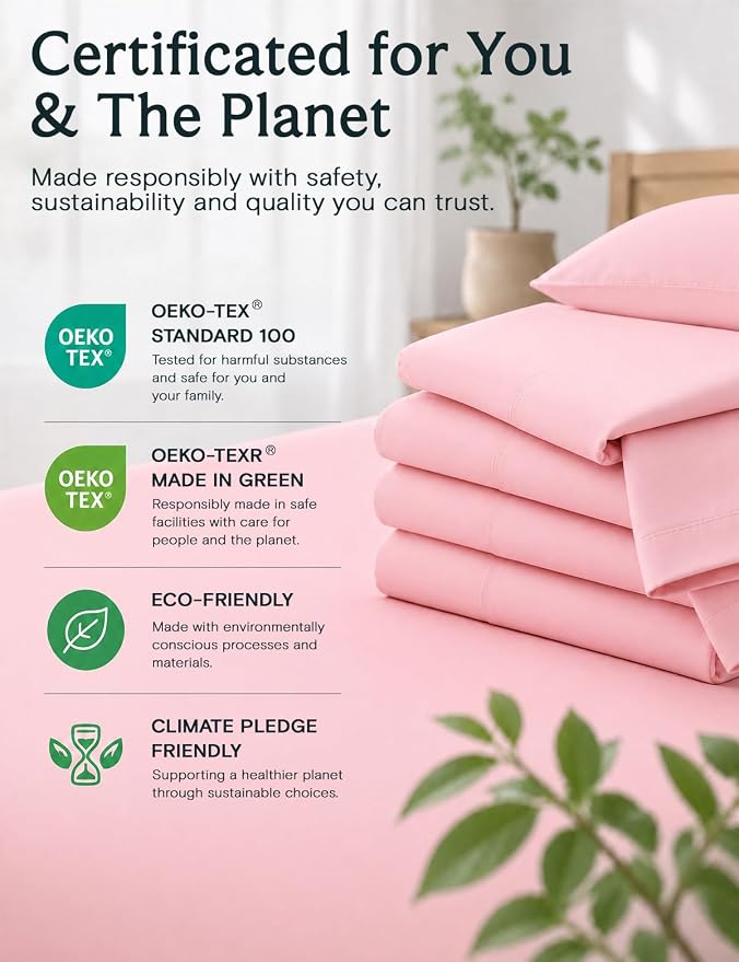 LuxClub King Size Sheets Set, Cooling & Soft Deep Pocket Bed Sheets, 4PC | LuxClub Silky Fitted Sheet & Pillowcase Sets, Breathable Hotel Luxury Bedding for Mattress Wrinkle Free, Baby Pink