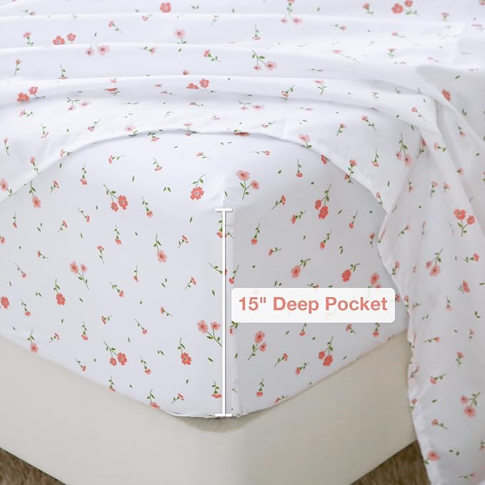 Softan Pink Flower Sheets for King Size Bed - 4 Piece Microfiber Floral Sheet Set with 15" Deep Pocket, Cute Pink Spring Flower Sheets and Pillowcase Set