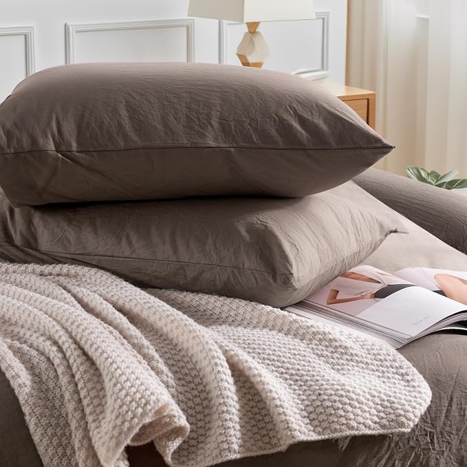 NEXHOME PRO 100% Washed Cotton Duvet Cover King Size, Ogranic Natural Linen Feel Breathable Bedding Set with Zipper Closure, 3 Pieces Duvet Cover Set Chocolate (No Comfortert) 10490