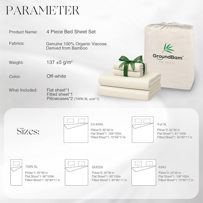 Silver Infused Bed Sheets Set, Temperature-Regulating Fabric with Self-Cleaning Technology for 3X Freshness Sleep, Genuine Organic Viscose Derived from Bamboo (Offwhite, Caking)