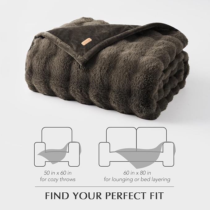 EverGrace Faux Rabbit Fur Bubble Throw Blanket, 50"x60", Dark Taupe | Ultra Soft, Luxury Faux Rabbit Fur Throw, Thick Warm Bubble Blanket, Cozy Fluffy Reversible, for Bed, Couch, Chair, Sofa