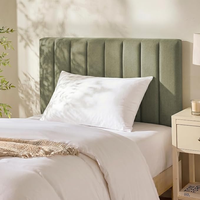 Nestl Upholstered Twin Headboard - Easy Assemble Channel Stitched Headboard Twin Size - Wall Mounted Headboards with 3D Soundproof Wall Panels Peel & Stick Floating Headboards, Olive Green