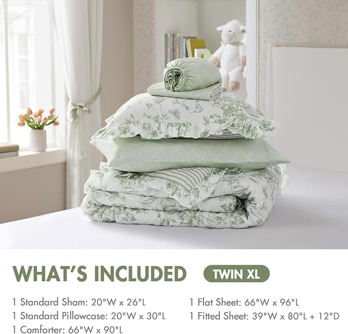 Madison Park Essentials Green Floral Comforter Set with Sheets Twin XL,5pc | Reversible, Elegant College Dorm Bedding, Ruffle Bed in a Bag, All Season, Machine Washable, Wrinkle Resistant, Ultra Soft