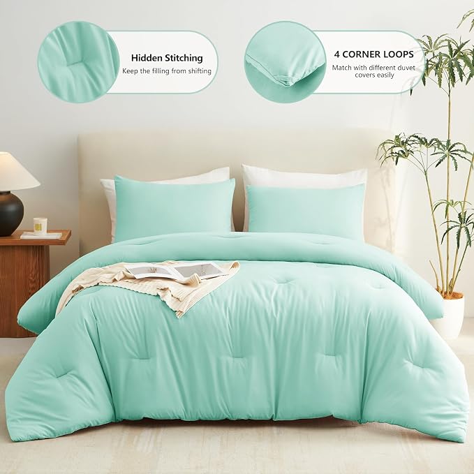 King Comforter Set, 3 Pieces Down Alternative Bedding, Mint Green | 270 GSM All Season Comforter with 4 Corner Ties for Use as a Duvet Insert, OEKO-TEX Certified, 2 Pillowcases, 102 x 90 in