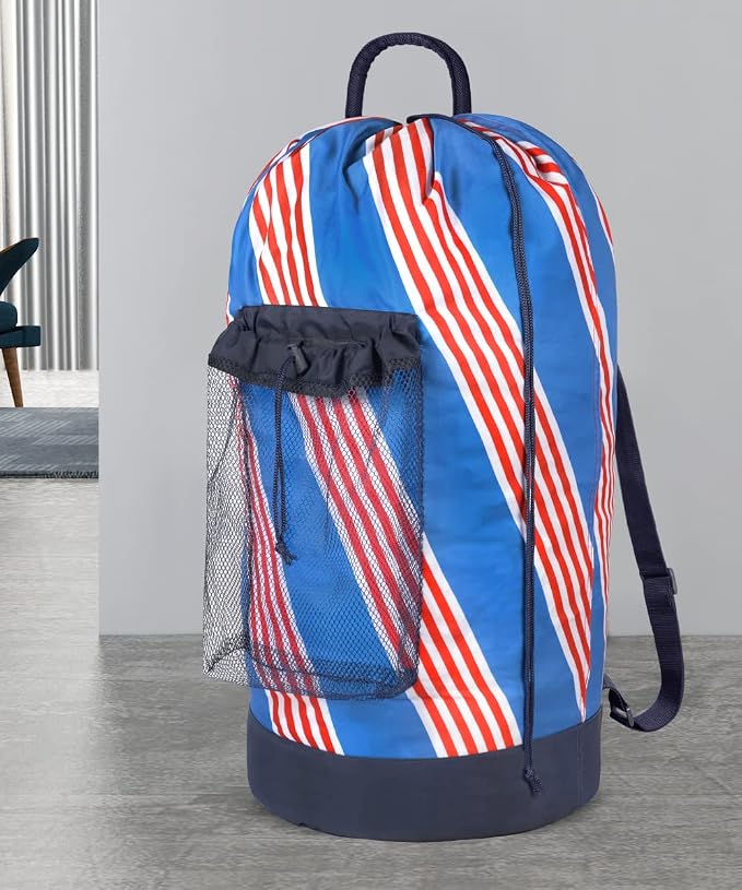 Backpack Laundry Bag with Shoulder Straps and Mesh Pocket Durable Nylon Clothes Hamper Bag with Drawstring Closure for College, Travel, Laundromat, Apartment