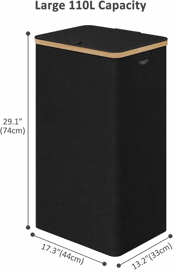 IEGrow Laundry Hamper with Lid,85L Laundry Basket with Mesh Bags,Black | Dirty Clothes Hamper Basket with Bamboo Handle for Clothes Towels