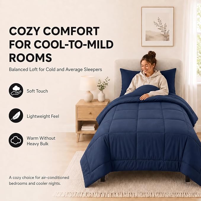 Twin XL Comforter Set Navy Blue - 5 Pieces Twin XL Bed in a Bag | College Dorm Essentials, OEKO-TEX Certified, All Season, Down-Alternative Comforter + Flat & Fitted Sheets + 2 Pillowcases