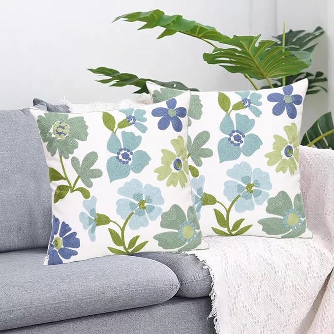 Pack of 2 Embroidered Decorative Throw Pillow Cover 18x18 Inch Farmhouse Floral Pillowcase for Living Room Sofa Bed (Grass Flower)
