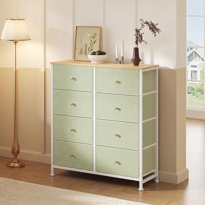 Sweetcrispy 8 Drawer Fabric Dresser, Tall Storage Tower for Bedroom | Spacious Clothes Storage, Anti-Tip Design, Easy-Pull Fabric Bins, Ideal for Bedroom, Closet, Living Room, Light Green