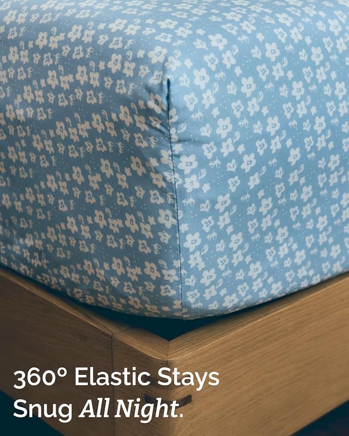 Cal King 4 Piece Floral Sheet Set - Breathable & Cooling - Blue Meadow | 1 Flat, 1 Fitted & 2 Pillowcases w/ Deep Pockets, Boho Botanical Floral Bedding, Breathable & Cooling, Wrinkle & Fade Free