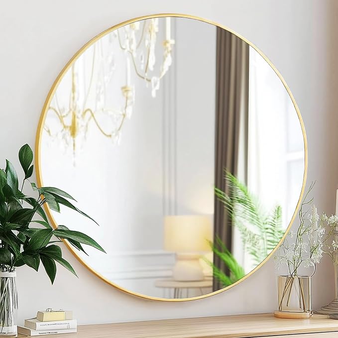 Big Circle Mirror 36 inch, Gold Round Mirror, Brushed Metal Frame | High Definition Mirror, Waterproof, Rust-resistant, perfect for Living room, Bathroom, Hallway, Bedroom, Cloakroom