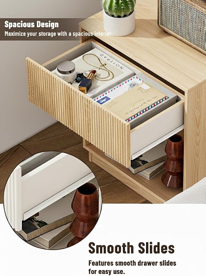 Fluted Nightstands Set of 2, Modern Bedside Table with Storage Drawer and Open Wood Shelf, Wood End Table Mid Century Night Stands for Bedroom Living Room Sofa Couch Office Oak