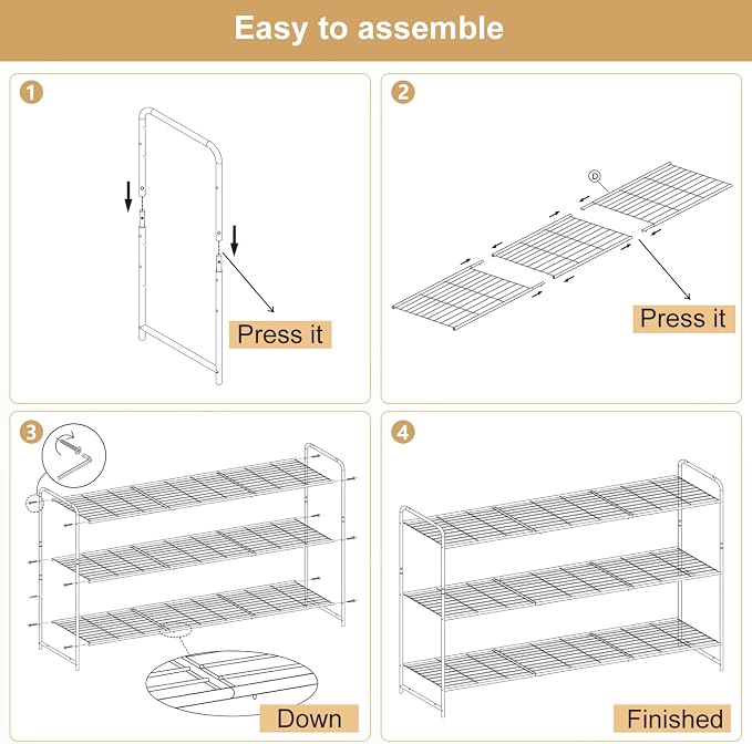 KEETDY 3-Tier Long Shoe Rack for Closet Metal Shoe Organizer for Entryway, Wide Stackable Shoe Storage Shelf with Sturdy Wire Grid for Closet Floor, Bedroom, White