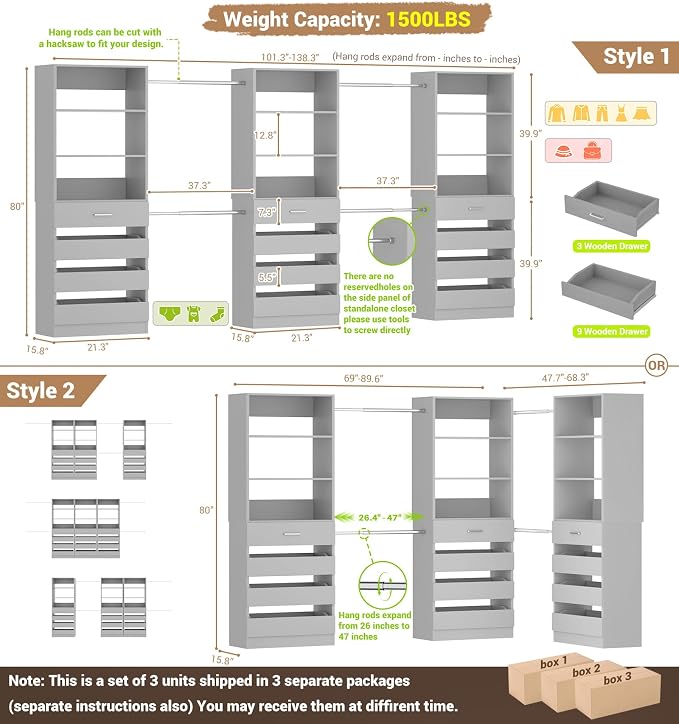 Aheaplus Closet System with 12 Drawers, 8.5-11.5Ft Wood Closet Organizer | Grey Closet Storage with 4 Hanging Rods & 3 Towers, 4Ft & 6Ft L-Shaped Walk-in Closets Wardrobe Organizer, Set of 3