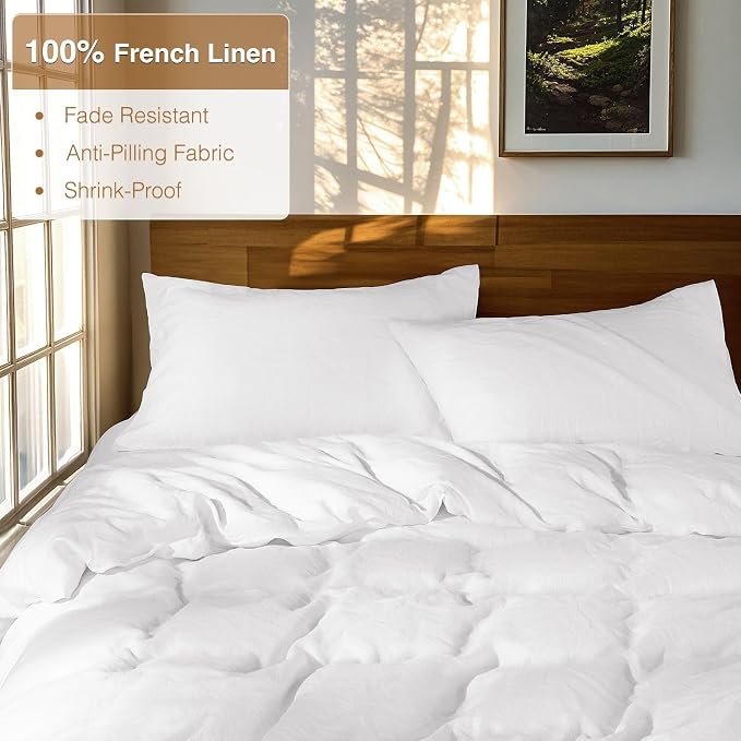 SONORO KATE 100% French Linen Full Duvet Cover Set,Zipper Closure,3PC | Natural French Flax,Soft Breathable for Hot Sleepers,Moisture Wicking & Durable,4 Corner Ties,White