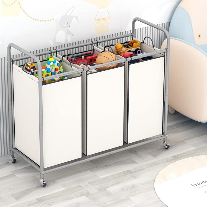 LINZINAR 3 Section Laundry Hamper, Beige Laundry Basket 135L Laundry Sorter | Laundry Room Organization with Heavy Duty Rolling Lockable Wheels and Removable Bag, Bedroom Laundry Cart for Clothes Storage