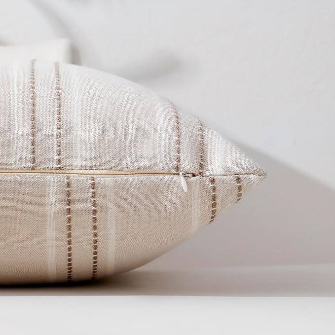 Hckot Striped Throw Pillow Covers 16x16 Set of 2 Taupe Pillow Covers | Farmhouse Decorative Pillows Textured Linen Square Cushion Covers for Sofa Couch Bed Living Room Decor(Taupe)
