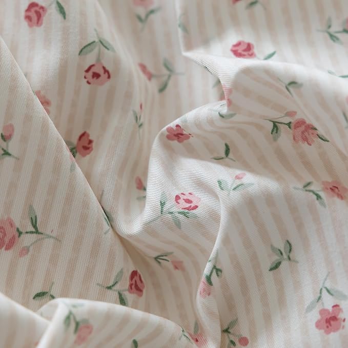 mixinni White Flower Pattern Duvet Cover King Pink Floral Stripes Duvet Cover Set 100% Cotton Bedding Set with Zipper Ties Bow Tie Pillowcases, Easy Care, Ultra Soft and Breathable-King Size