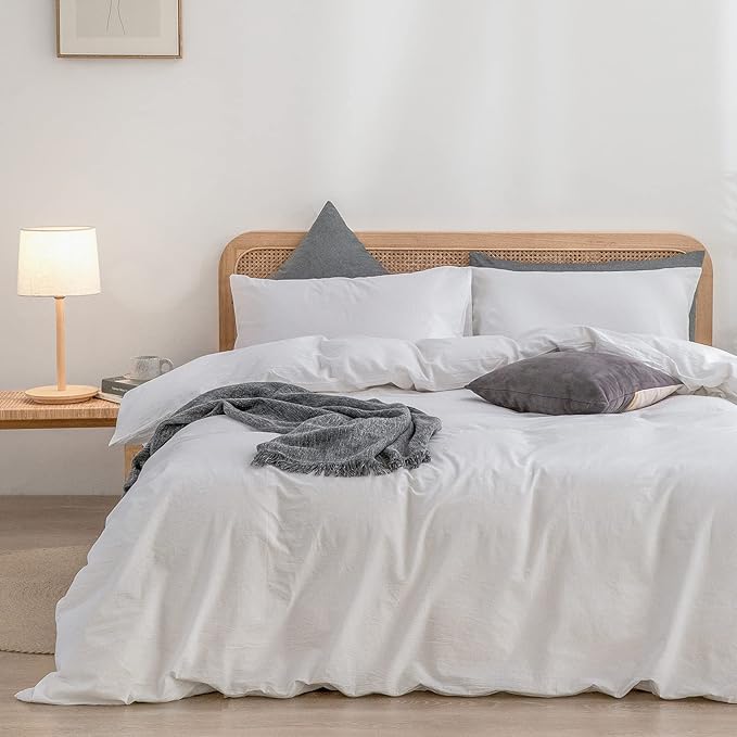 BESTOUCH Duvet Cover Set 100% Washed Cotton Linen Feel Super Soft Comfortable Chic Lightweight 3 PCs Home Bedding Set Solid Bright White King | 100% Washed Cotton, Soft Wrinkle Texture, Hidden Zipper, 8 Ties, Breathable Lightweight Durable Comfy, 3 Pcs...