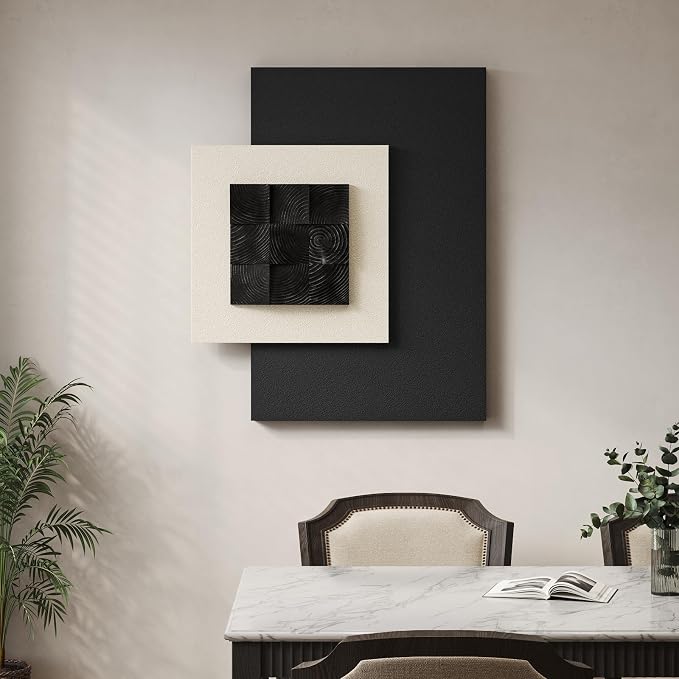 Large Wood Abstract Wall Art for Living Room, Modern 3D Artwork for Walls | Black and white textured paintings, Big woodern layered sculpture, Bedroom dining room office wall decor aesthetic