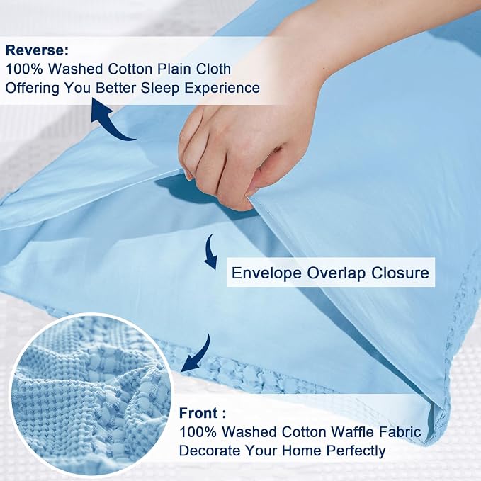 PHF Waffle Weave Pillow Shams King Size, 2 Pack 100% Cotton Pillowcases 20" x 36", No Insert, Soft & Breathable Aesthetic Woven Pillow Case Covers for Bedroom Decor, Sky Blue