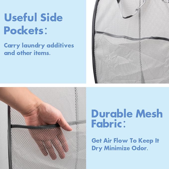 Pop Up Laundry Hamper, 70 L Collapsible Mesh Basket with Side Pocket, Gray | Reinforced handles, breathable fabric, foldable, portable for dorm college travel camping cruise, dirty clothes, toys storage