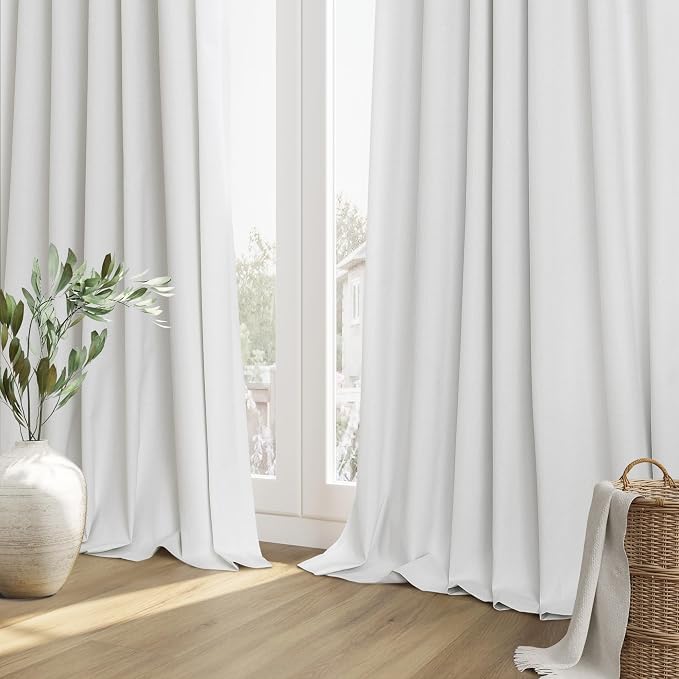 White 100% Blackout Linen Curtains 95 Inch Length 2 Panels Set for Living Room Bedroom Back Tab Rod Pocket Thermal Insulated Black Out Drapes Room Darkening Window Curtains 52x95