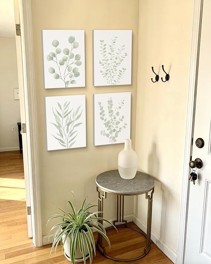 Drsoum Botanical Plant Framed Wall Art Boho Wall Decor for Bathroom Sage Green Eucalyptus Leaf Prints Minimalist Aesthetic Ready to Hang Set of 4, 12x16 in (Framed)