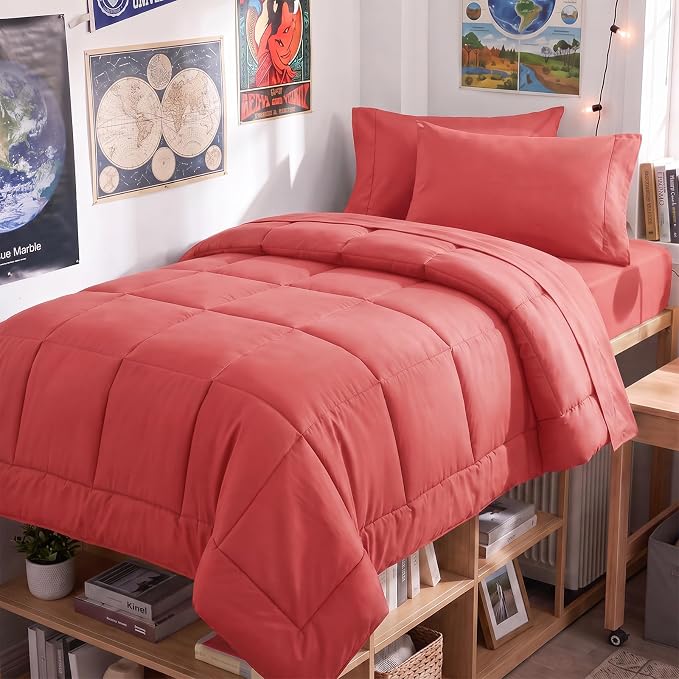 Twin XL Comforter Set Coral - 5 Pieces Twin XL Bed in a Bag | College Dorm Essentials, OEKO-TEX Certified, All Season, Down-Alternative Comforter + Flat & Fitted Sheets + 2 Pillowcases
